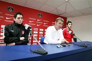 27 September 2006; Derry City manager Stephen Kenny, centre, and players Ruadhi Higgins, left, and Killian Brennan, right, during a press conference ahead of their UEFA Cup First Round, Second Leg fixture against Paris Saint-Germain on Thursday next. Parc des Princes, Paris, France. Picture credit: Oliver McVeigh / SPORTSFILE