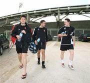 27 September 2006; Ken Oman, Peter Hutton and Barry Molloy, Derry City, after squad training. Parc du Princes, Paris, France. Picture credit: Oliver McVeigh / SPORTSFILE