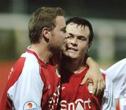 29 September 2006; Michael Foley, right, St. Patrick's Athletic, celebrates after scoring his side's second goal with team-mate Stephen Brennan, left. Carlsberg FAI Cup, Quarter-Final, St. Patrick's Athletic v Longford Town, Richmond Park, Dublin. Picture credit: David Maher / SPORTSFILE