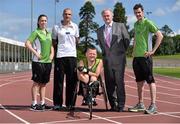 7 August 2014; Paralympics Ireland today announced details of the Irish team for the 2014 Paralympic Athletics Championships in Swansea from August 19th to 23rd. Ireland will have an eight strong team competing including reigning Paralympic champions Jason Smyth and Michael McKillop. The Irish team is proudly sponsored by Allianz Ireland. Pictured at the announcement are, from left, athletes Heather Jameson, James Nolan, Head of Paralympic Athletics, John McCarthy, Brendan Murphy, CEO Allianz Ireland, and Michael McKillop. Morton Stadium, Santry, Co. Dublin. Picture credit: Pat Murphy / SPORTSFILE