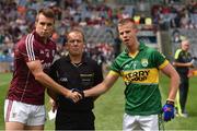3 August 2014; Kerry captain Fionn Fitzgerald shakes hands with Galway captain Paul Conroy, with referee Eddie Kinsella. GAA Football All-Ireland Senior Championship, Quarter-Final, Kerry v Galway, Croke Park, Dublin. Picture credit: Ray McManus