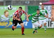 8 August 2014; Danny Ventre, Derry City, in action against Dean Kelly, Shamrock Rovers. SSE Airtricity League Premier Division, Shamrock Rovers v Derry City, Tallaght Stadium, Tallaght, Co. Dublin. Picture credit: David Maher / SPORTSFILE