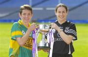 26 September 2006; Leitrim captain Ann Marie Cox, left, and Sligo captain Angela Doohan with the West County Hotel Cup at a photocall ahead of the TG4 All-Ireland Ladies Junior Football Championship Final which will take place on Sunday next. Croke Park, Dublin Picture credit: Brendan Moran / SPORTSFILE