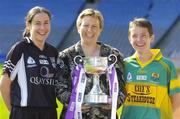 26 September 2006; Sligo captain Angela Doohan, left, Geraldine Giles, President, Cumann Peil Gael na mBan, and Leitrim captain Ann Marie Cox with the West County Hotel Cup at a photocall ahead of the TG4 All-Ireland Ladies Junior Football Championship Final which will take place on Sunday next. Croke Park, Dublin Picture credit: Brendan Moran / SPORTSFILE