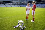 26 September 2006; Armagh captain Bronagh O'Donnell, left, and Cork captain Juliet Murphy with the Brendan Martin Cup at a photocall ahead of the TG4 All-Ireland Ladies Senior Football Championship Final which will take place on Sunday next. Croke Park, Dublin Picture credit: Brendan Moran / SPORTSFILE