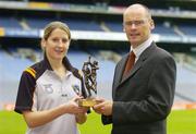 27 September 2006; Bronagh O'Donnell, Armagh, who was presented with the Irish Independent / Lucozade Sport Ladies Player of the Month for September by Stephen Cooke, Lucozade Sport. Croke Park, Dublin. Picture credit: Brendan Moran / SPORTSFILE