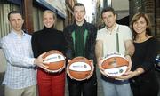 29 September 2006; Basketball Ireland today launched their new season including the Men and Women's Superleagues for 2006/2007. There were also a number of new initiatives launched including a new Basketball Ireland website and the Irish Year of Women's Basketball. At a photocall after the launch are Abrakebabra Tigers team member and Kerry footballer Kieran Donaghy, with from left, St. Vincent's and Ireland International Emmet Donnelly, Mary Fox, DCU Mercy, Joey McGuirk, St. Vincent's, and Sarah Hughes, DCU Mercy. Dame Lane, Dublin. Picture credit: Brian Lawless / SPORTSFILE