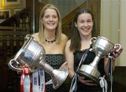 1 October 2006; Cork captain Juliet Murphy, left, with the Brendan Martin Cup and Sligo captain Angela Doohan with the West County Hotel Cup at the after match banquest at the Citywest Hotel. TG4 Ladies All-Ireland Senior Football Championship Final, Cork v Armagh, Croke Park, Dublin. Picture credit: Brendan Moran / SPORTSFILE