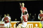 6 October 2006; St. Pat's Keith Fahy gestures to Drogheda United fans after scoring his side's goal, lifted by John Frost. eircom League Premier Division, St. Patrick's Athletic v Drogheda United, Richmond Park, Dublin. Picture credit: Ray Lohan / SPORTSFILE