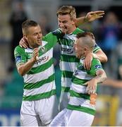 8 August 2014; Shamrock Rovers' Ronan Finn, left, celebrates after scoring his side's first goal with team-mates Shane Robinson, left, and Gary McCabe. SSE Airtricity League Premier Division, Shamrock Rovers v Derry City, Tallaght Stadium, Tallaght, Co. Dublin. Picture credit: David Maher / SPORTSFILE