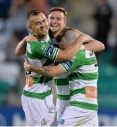 8 August 2014; Shamrock Rovers' Ronan Finn, left, celebrates after scoring his side's first goal with team-mates Shane Robinson, left, and Gary McCabe. SSE Airtricity League Premier Division, Shamrock Rovers v Derry City, Tallaght Stadium, Tallaght, Co. Dublin. Picture credit: David Maher / SPORTSFILE