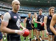 9 August 2014; Carlton's Ciaran Sheehan before his AFL debut against Gold Coast Suns. Also pictured is Zach Tuohy, right. 2014 Toyota AFL Premiership, Round 20, Carlton Blues v Gold Coast Suns, Etihad Stadium, Melbourne, Australia. Picture credit: Greg Ford / SPORTSFILE