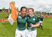 9 August 2014; Ireland's Sophie Spence and Fiona Coghlan celebrate after the game. 2014 Women's Rugby World Cup Final, Pool B, Ireland v Kazakhstan, Marcoussis, Paris, France. Picture credit: Diarmuid Greene / SPORTSFILE