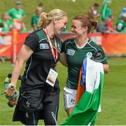 9 August 2014; Ireland's Niamh Briggs, left, and Lynne Cantwell celebrate after the game. 2014 Women's Rugby World Cup Final, Pool B, Ireland v Kazakhstan, Marcoussis, Paris, France. Picture credit: Diarmuid Greene / SPORTSFILE