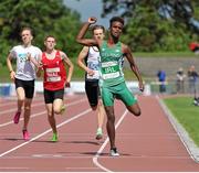 9 August 2014; Mustafe Nasir, Ireland, celebrates as he crosses the line to win Under 18 Boy's 800m event. 2014 Celtic Games, Morton Stadium, Santry, Co. Dublin. Picture credit: Cody Glenn / SPORTSFILE