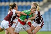 9 August 2014; Cora Staunton, Mayo, in action against Rebecca Dunne and Lorraine Duncan, Westmeath. TG4 All-Ireland Ladies Football Senior Championship, Round 2 Qualifier, Mayo v Westmeath, Pearse Park, Longford. Picture credit: Oliver McVeigh / SPORTSFILE