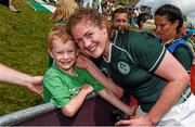9 August 2014; Ireland's Fiona Coghlan celebrates with her nephew Jack Coghlan, aged 5, from Raheny, Dublin, after the game. 2014 Women's Rugby World Cup Final, Pool B, Ireland v Kazakhstan, Marcoussis, Paris, France. Picture credit: Diarmuid Greene / SPORTSFILE