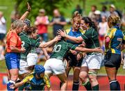 9 August 2014; Tania Rosser, Ireland, celebrates with team-mates Lynne Cantwell, left, and Paula Fitzpatrick after scoring her side's second try. 2014 Women's Rugby World Cup Final, Pool B, Ireland v Kazakhstan, Marcoussis, Paris, France. Picture credit: Diarmuid Greene / SPORTSFILE