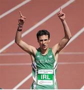 9 August 2014; Scott Gibson, Ireland, celebrates after winning the Under 18 Boy's 400m event. 2014 Celtic Games, Morton Stadium, Santry, Co. Dublin. Picture credit: Cody Glenn / SPORTSFILE
