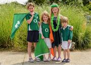9 August 2014; Ireland supporters, from left to right, Sally Hayes, aged 8, and Roisin Hayes, aged 5, daughters of former Ireland rugby players John Hayes and Fiona Steed, from Cappamore, Co. Limerick, along with Lizzell Bracken, aged 7, and her brother Noah Bracken, aged 3, from Castlebar, Co. Mayo, children of Ireland forwards coach Peter Bracken. 2014 Women's Rugby World Cup Final, Pool B, Ireland v Kazakhstan, Marcoussis, Paris, France. Picture credit: Diarmuid Greene / SPORTSFILE