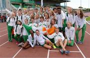 9 August 2014; Team Ireland's Under 18 and Under 16 Athletes pose for a victorious team photo after sweeping the overall category to beat Wales, Scotland and the Ireland Develpment Team. 2014 Celtic Games, Morton Stadium, Santry, Co. Dublin. Picture credit: Cody Glenn / SPORTSFILE