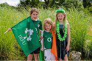 9 August 2014; Ireland supporters, from left to right, Sally Hayes, aged 8, and Roisin Hayes, aged 5, daughters of former Ireland rugby players John Hayes and Fiona Steed, from Cappamore, Co. Limerick, along with Lizzell Bracken, aged 7, from Castlebar, Co. Mayo, daughter of Ireland forwards coach Peter Bracken. 2014 Women's Rugby World Cup Final, Pool B, Ireland v Kazakhstan, Marcoussis, Paris, France. Picture credit: Diarmuid Greene / SPORTSFILE