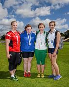 9 August 2014; Medallists in the the Girl's Under 18 Hammer Toss event, from left, Amber Remington, Wales, first place, Kelly Brady, Ireland Development Team, third place, Aoife Vaughan-Witts, Ireland, second place, and Natalie Robbins, Scotland, fourth place. 2014 Celtic Games, Morton Stadium, Santry, Co. Dublin. Picture credit: Cody Glenn / SPORTSFILE