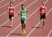 9 August 2014; Scott Gibson, Ireland, centre, on his way to winning the Boy's Under 18 400m event, ahead of Seb Blanch, Wales, right, and Tom Arnold, Wales. 2014 Celtic Games, Morton Stadium, Santry, Co. Dublin. Picture credit: Cody Glenn / SPORTSFILE
