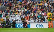 9 August 2014; Donegal captain Michael Murphy looks on as Armagh's Tony Kernan takes the last kick of the game - a free to Armagh who lost by a point. GAA Football All-Ireland Senior Championship, Quarter-Final, Donegal v Armagh, Croke Park, Dublin. Picture credit: Ray McManus / SPORTSFILE