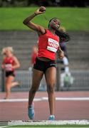 9 August 2014; Sarah Omoregie, Wales, on her way to winning the Girl's Under 16 shot putt event with a throw of 12.05. 2014 Celtic Games, Morton Stadium, Santry, Co. Dublin. Picture credit: Cody Glenn / SPORTSFILE