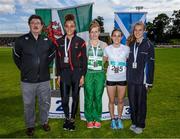 9 August 2014; John Foley, CEO of Athletics Ireland, left, with medallists in the Girl's Under 18 long jump, from left, Emily Wright, Wales, second place, Annie Stafford, Ireland, first place, Sabine Haller, Ireland Development Team, third place, and Rachel Alexander, Scotland, fourth place. 2014 Celtic Games, Morton Stadium, Santry, Co. Dublin. Picture credit: Cody Glenn / SPORTSFILE