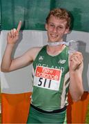 9 August 2014; Conor Duggan, Ireland, celebrates with his medal after winning the Boy's Under 18 100m Invitation event. 2014 Celtic Games, Morton Stadium, Santry, Co. Dublin. Picture credit: Cody Glenn / SPORTSFILE