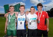 9 August 2014; Medallists in the Boy's Under 18 high jump event, from left, Luc Bellintani, Ireland, second place, Ross McLachan, Scotland, first place, Mikey Cullen, Ireland Development Team, third place, and Sam Hughes, Wales, fourth place. 2014 Celtic Games, Morton Stadium, Santry, Co. Dublin. Picture credit: Cody Glenn / SPORTSFILE