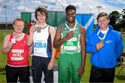 9 August 2014; Medallists in the Boy's Under 18 shot putt event, from left, Nathan Thomason, Wales, second place, George Evans, Scotland, first place, Anu Awounsi, Ireland, third place, and Tom DeJongh, Ireland Development Team, fourth place. 2014 Celtic Games, Morton Stadium, Santry, Co. Dublin. Picture credit: Cody Glenn / SPORTSFILE