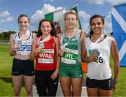 9 August 2014; Medallists in the Girl's Under 18 100m event, from left, Jenna Wrisberg, Scotland, second place, Shannon Malone, Wales, first place, Aishling Forkan, Ireland, third place, and Ara Freeman Browne, Ireland Development Team, fourth place. 2014 Celtic Games, Morton Stadium, Santry, Co. Dublin. Picture credit: Cody Glenn / SPORTSFILE