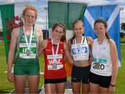 9 August 2014; Medallists in the Girl's Under 16 800m event, from left, Emma O'Brien, Ireland, second place, Cari Hughes, Wales, first place, Erin Wallace, Scotland, third place, and Richael Brown, Greystones & District A.C., fourth place. 2014 Celtic Games, Morton Stadium, Santry, Co. Dublin. Picture credit: Cody Glenn / SPORTSFILE