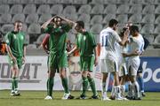 7 October 2006; John O'Shea, second from left, Republic of Ireland, reacts after referee Lucilio Batista had awarded a penalty kick during the second half. Euro 2008 Championship Qualifier, Cyprus v Republic of Ireland, GSP Stadium, Nicosia, Cyprus. Picture credit: David Maher / SPORTSFILE