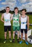 9 August 2014; Medallists in the Boy's Under 18 100m event, from left, Jack Rudden Kelly, Ireland Development Team, second place, Daniel Ryan, Ireland, first place, and Taylor Roy, Scotland, third place. 2014 Celtic Games, Morton Stadium, Santry, Co. Dublin. Picture credit: Cody Glenn / SPORTSFILE