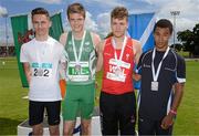 9 August 2014; Medallists in the Boy's Under 18 javelin event, from left, Fergus Cox, Ireland Development Team, second place, Michael Gaffney, Ireland, first place, Richard Dangerfield, Wales, third place, and Jack Moncur, Scotland, fourth place. 2014 Celtic Games, Morton Stadium, Santry, Co. Dublin. Picture credit: Cody Glenn / SPORTSFILE