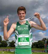 9 August 2014; Michael Gaffney, Ireland, celebrates with his medal after winning the Boy's Under 18 javelin event with a distance of 53.36m. 2014 Celtic Games, Morton Stadium, Santry, Co. Dublin. Picture credit: Cody Glenn / SPORTSFILE