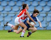 9 August 2014; Cora Courtney, Monaghan, in action against Karen Quinn, Tyrone. TG4 All-Ireland Ladies Football Senior Championship, Round 2 Qualifier, Monaghan v Tyrone, Pearse Park, Longford. Picture credit: Oliver McVeigh / SPORTSFILE