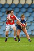 9 August 2014; Ellen McCarron, Monaghan, in action against Tori McLaughlin, Tyrone. TG4 All-Ireland Ladies Football Senior Championship, Round 2 Qualifier, Monaghan v Tyrone, Pearse Park, Longford. Picture credit: Oliver McVeigh / SPORTSFILE