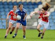 9 August 2014; Niamh Kindlon, Monaghan, in action against Carol Dooher and Laura McGillion, Tyrone. TG4 All-Ireland Ladies Football Senior Championship, Round 2 Qualifier, Monaghan v Tyrone, Pearse Park, Longford. Picture credit: Oliver McVeigh / SPORTSFILE