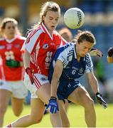 9 August 2014; Cara McCrossan, Tyrone, in action against Sharon Courtney, Monaghan. TG4 All-Ireland Ladies Football Senior Championship, Round 2 Qualifier, Monaghan v Tyrone, Pearse Park, Longford. Picture credit: Oliver McVeigh / SPORTSFILE