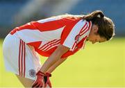 9 August 2014; A dejected Emma Hegarty, Tyrone after the final whistle. TG4 All-Ireland Ladies Football Senior Championship, Round 2 Qualifier, Monaghan v Tyrone, Pearse Park, Longford. Picture credit: Oliver McVeigh / SPORTSFILE