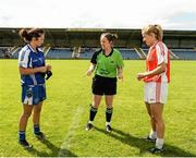 9 August 2014; Referee Yvonne Duffy, along with Christine Reilly, Monaghan captain and Gemma Begley, Tyrone manager. TG4 All-Ireland Ladies Football Senior Championship, Round 2 Qualifier, Monaghan v Tyrone, Pearse Park, Longford. Picture credit: Oliver McVeigh / SPORTSFILE