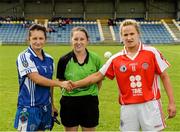 9 August 2014; Referee Yvonne Duffy, along with Christine Reilly, Monaghan captain and Gemma Begley, Tyrone manager. TG4 All-Ireland Ladies Football Senior Championship, Round 2 Qualifier, Monaghan v Tyrone, Pearse Park, Longford. Picture credit: Oliver McVeigh / SPORTSFILE
