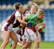 9 August 2014; Cora Staunton, Mayo, in action against Rebecca Dunne and Lorraine Duncan, Westmeath. TG4 All-Ireland Ladies Football Senior Championship, Round 2 Qualifier, Mayo v Westmeath, Pearse Park, Longford. Picture credit: Oliver McVeigh / SPORTSFILE