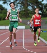 9 August 2014; Brian Masterson, Ireland, crosses the finish line ahead of Harry Davis, Wales, to win the Boy's 4X400m relay event. Also on the winning Irish team were John Fitzsimmons, Michael Quilligan and Mustafe Nasir. 2014 Celtic Games, Morton Stadium, Santry, Co. Dublin. Picture credit: Cody Glenn / SPORTSFILE