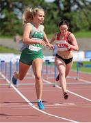 9 August 2014; Molly Scott, Ireland, wins the Under 16 Girl's 80m hurdle event ahead of Mia Evans, Wales. 2014 Celtic Games, Morton Stadium, Santry, Co. Dublin. Picture credit: Cody Glenn / SPORTSFILE